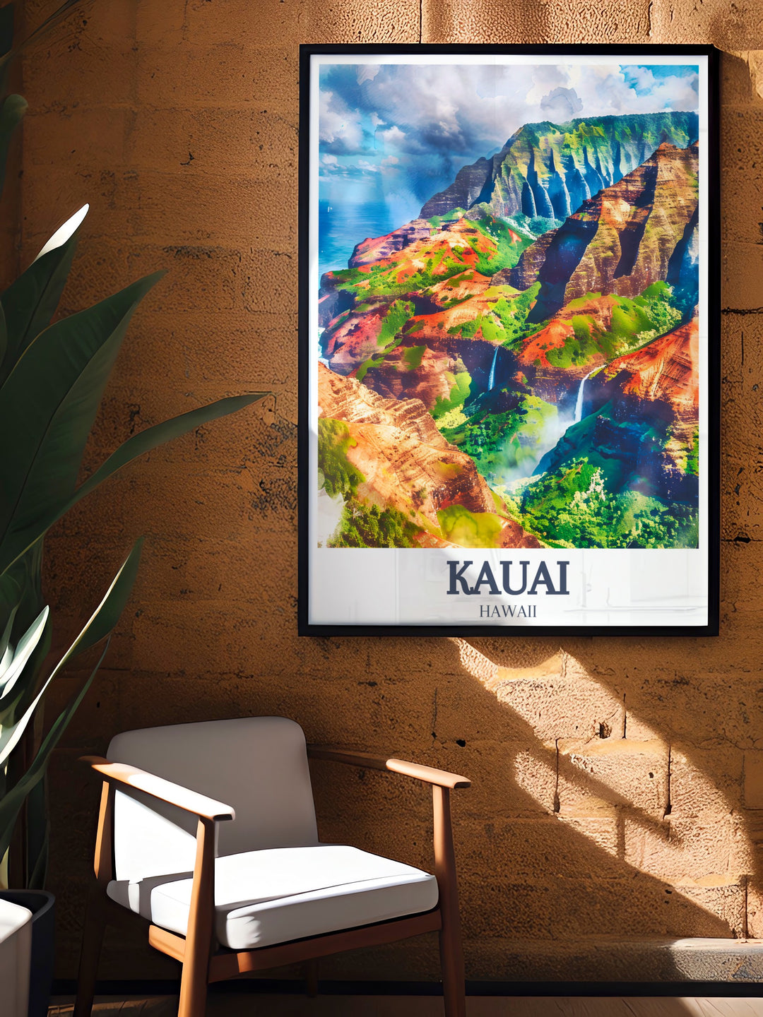 Hawaii art print showcasing Na Pali Coast and Wailua Falls. This Kauai travel poster is ideal for those looking to add a piece of tropical paradise to their home. Perfect for living room decor or as a thoughtful gift for birthdays or special occasions.