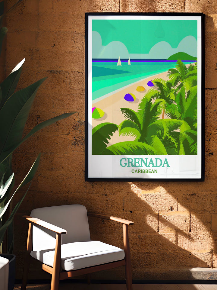 Colorful Grenada wall art depicting the serene beauty of Grand Anse Beach, making it a perfect addition to your home decor or as a thoughtful gift for loved ones.