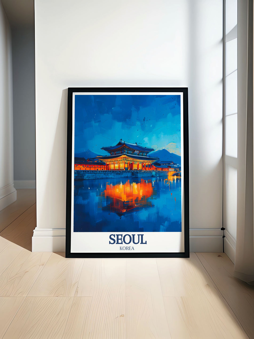 Captivating Seoul Poster featuring the iconic Gyeongbokgung Palace and the serene Han River perfect for home decor and traveler gifts showcasing the rich cultural heritage of South Korea and the beauty of Seoul with vibrant colors and detailed craftsmanship