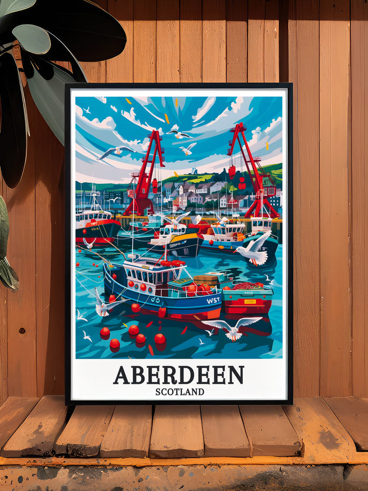 Port of Aberdeen Wall Art illustrating the intricate details of this iconic Scottish port. The artwork captures the ports dynamic atmosphere and historical significance, making it an ideal addition to any collection of travel prints and home decor