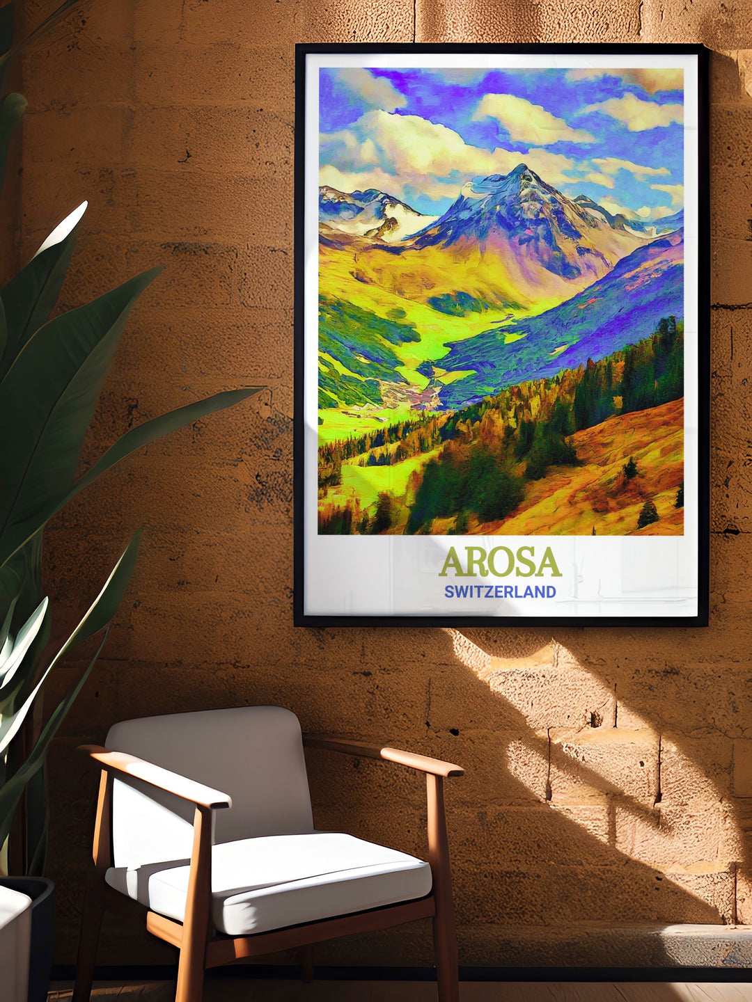 Arosa Framed Art illustrating the thrill and elegance of winter sports in one of Switzerlands premier ski destinations. The vintage style poster captures the essence of Arosas alpine adventure, making it a timeless piece for any wall decor that appreciates winter activities