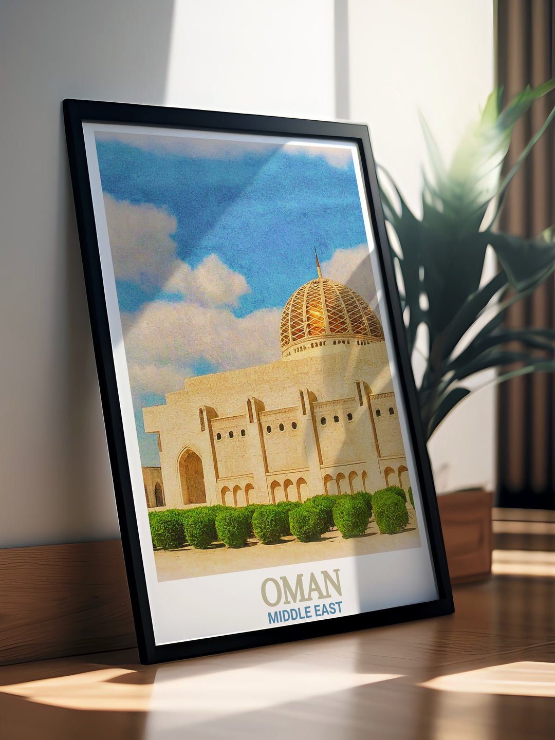 Celebrate the beauty of Oman with this travel print featuring Sultan Qaboos Grand Mosque. The poster highlights the intricate details and grandeur of one of the Middle Easts most stunning architectural landmarks, perfect for wall art or personalized gifts.