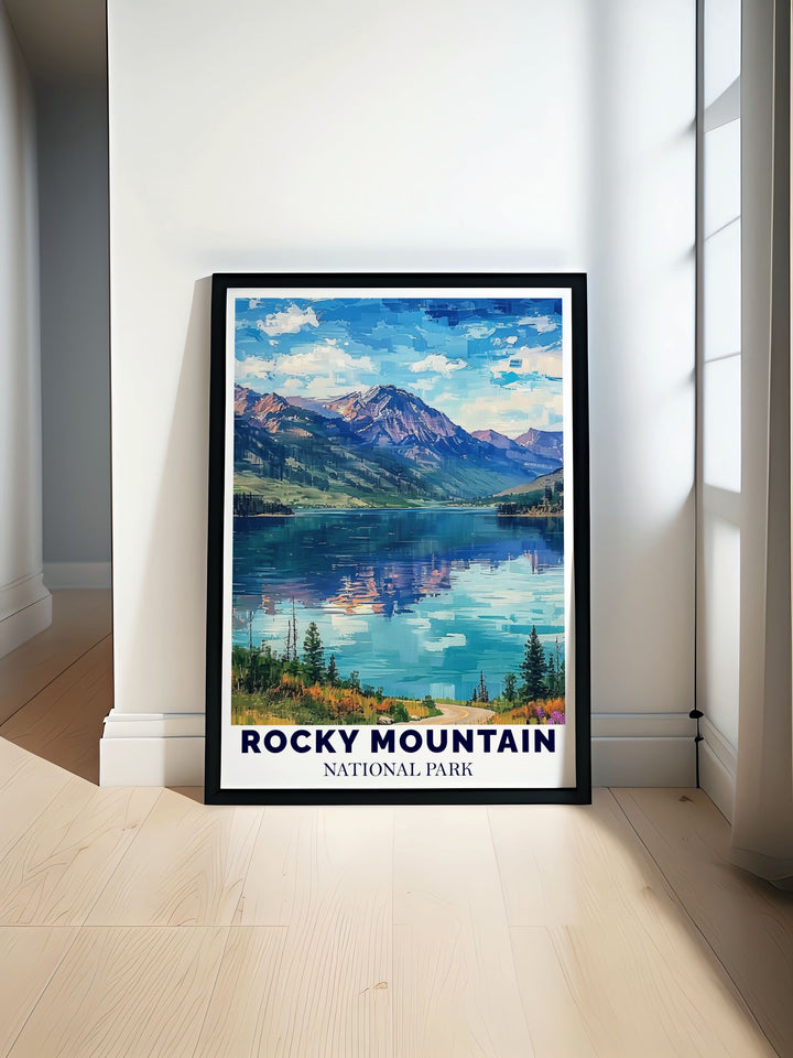 Bear Lake travel poster featuring the stunning landscapes of Rocky Mountain National Park showcasing the serene waters and majestic peaks of the Colorado Rockies perfect for home decor and gifts