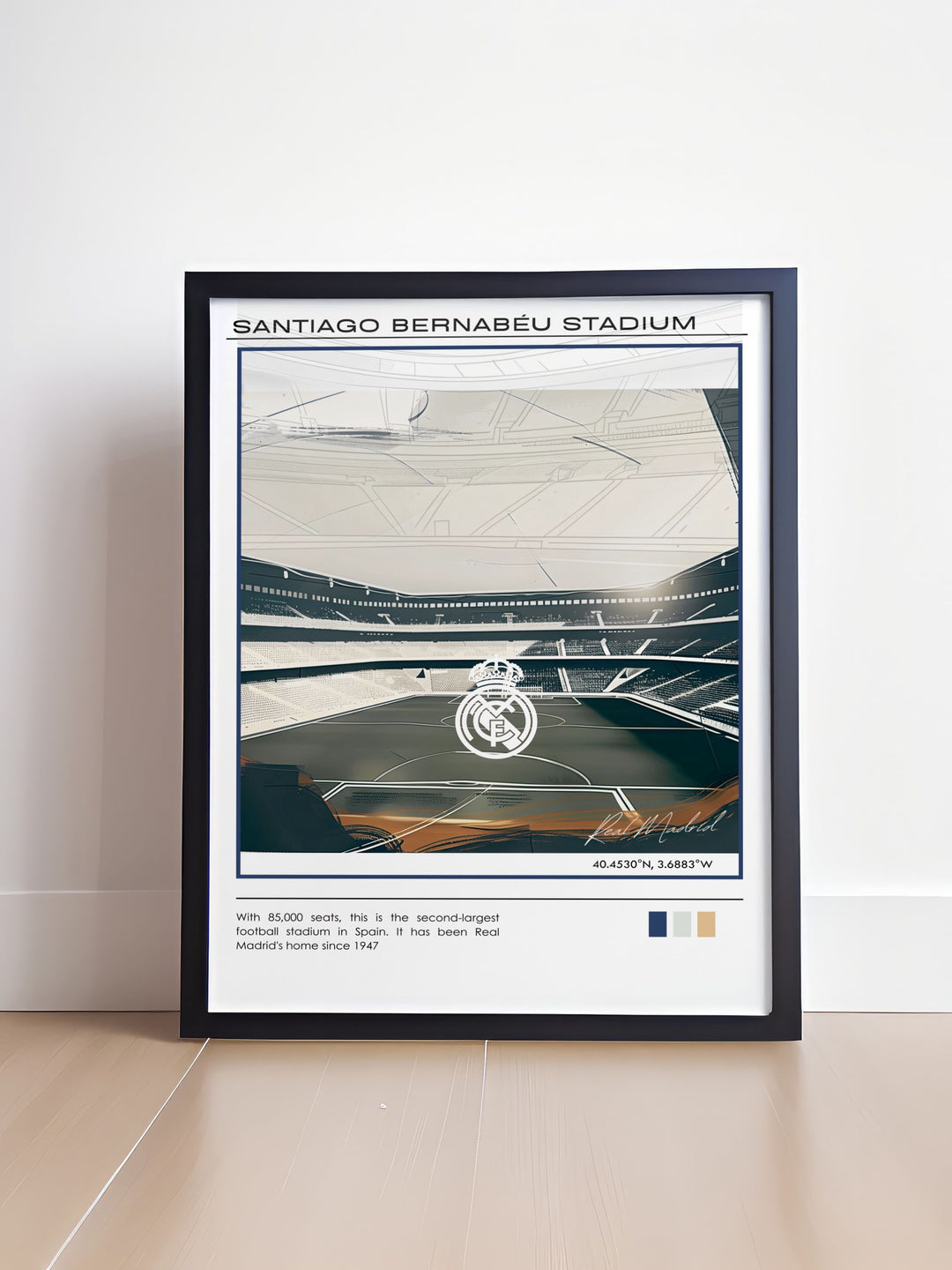 The Santiago Bernabeu art print showcasing Real Madrid and Jude Bellingham a football printable for soccer fans and stylish addition to mid century modern room decor