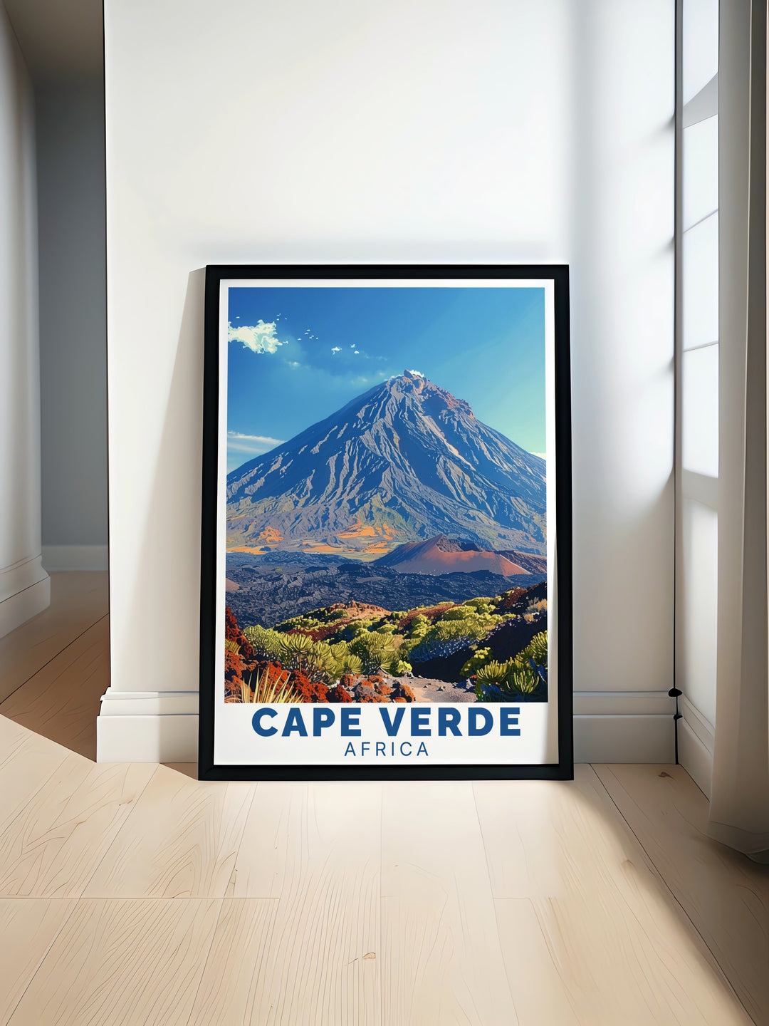 This vintage style Cape Verde poster evokes a sense of adventure, featuring the dramatic landscapes of Poco do Fogo and the calm shores of Sao Vicente. Ideal for travelers and art lovers alike, this piece captures the spirit of Cape Verdes diverse and stunning environment.