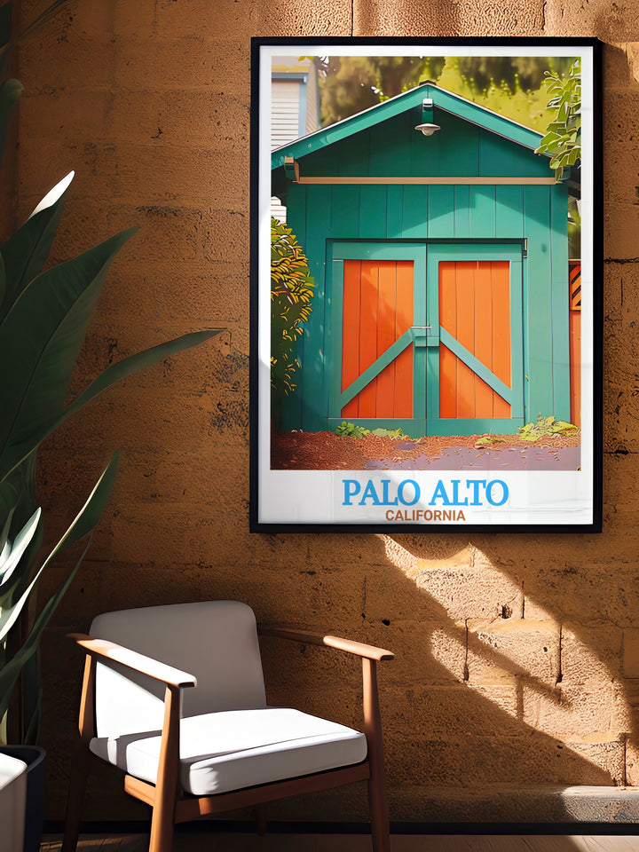 Hewlett Packard Garage artwork in a Palo Alto city map poster. A personalized gift that celebrates Palo Altos tech heritage, featuring the detailed skyline with the Hewlett Packard Garage in a captivating modern art design.