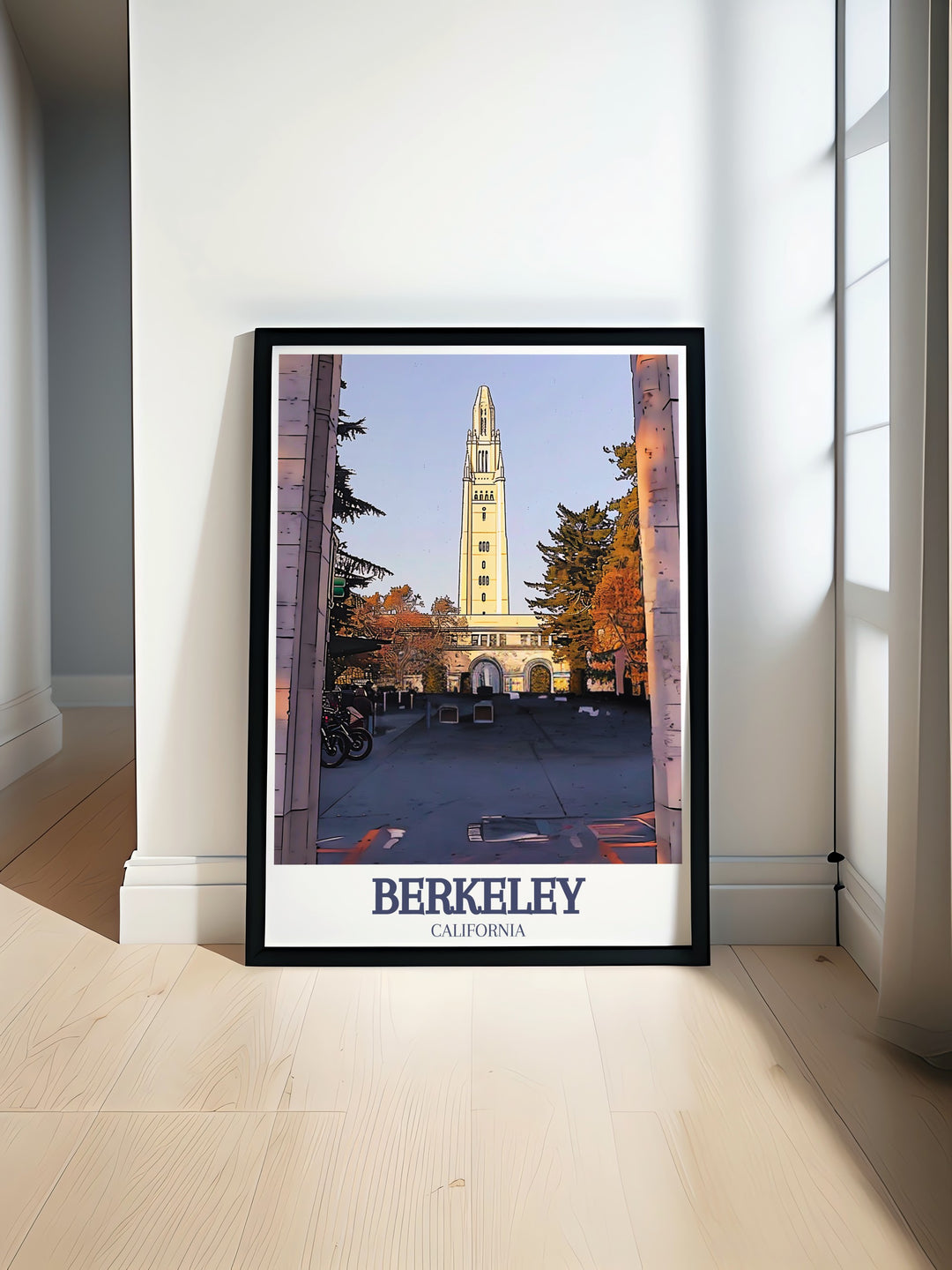 Add a piece of Berkeleys history to your walls with this travel print featuring the iconic Campanile and the rolling hills of Alameda County. Ideal for lovers of Northern Californias natural beauty and academic heritage, this poster makes a wonderful gift or addition to your personal art collection.