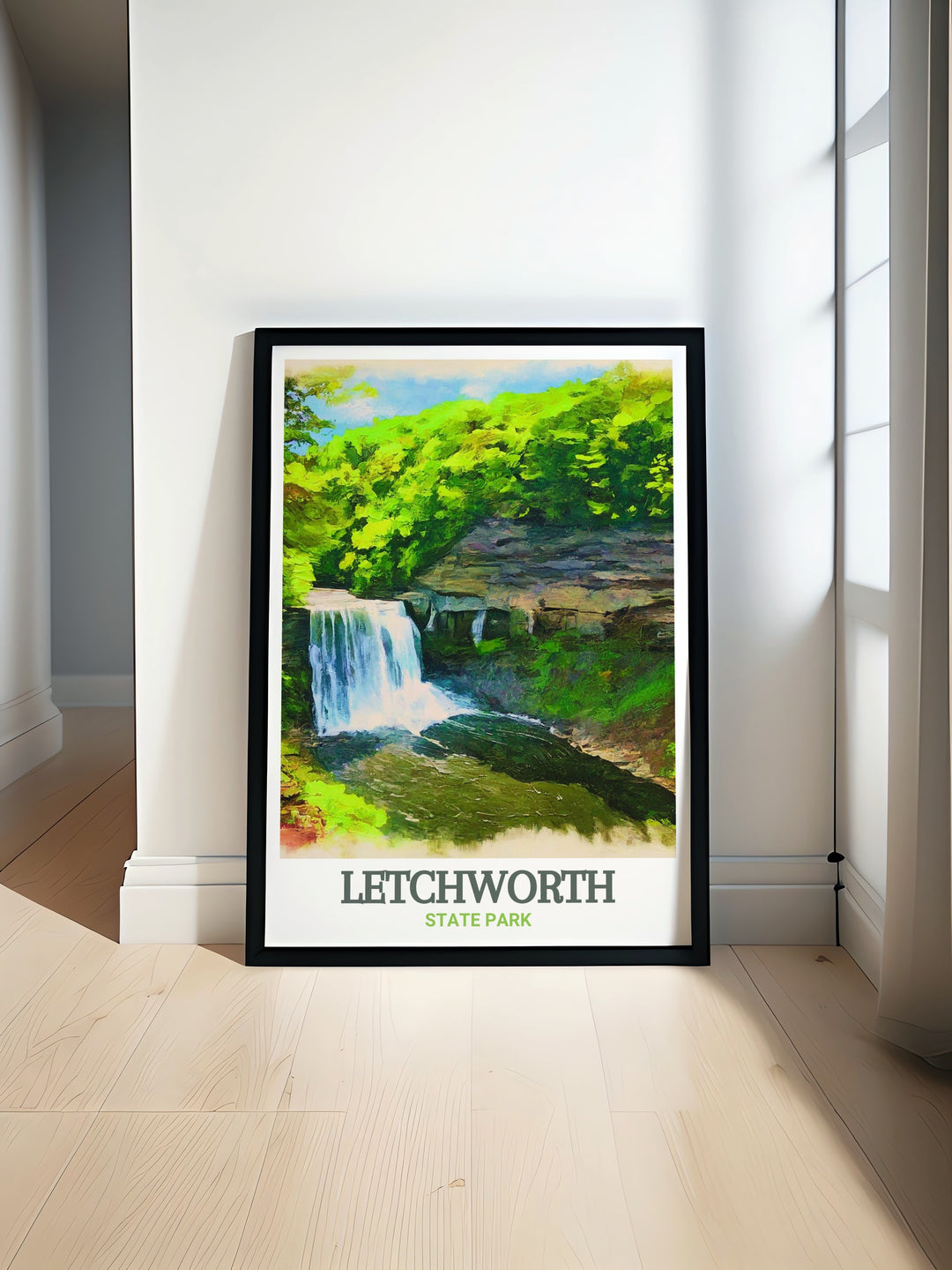 Middle Falls travel poster, showcasing the powerful landscapes and natural beauty of this unique landmark in Letchworth State Park. This print captures the essence of Middle Falls charm, perfect for enhancing your home decor with a touch of scenic splendor.