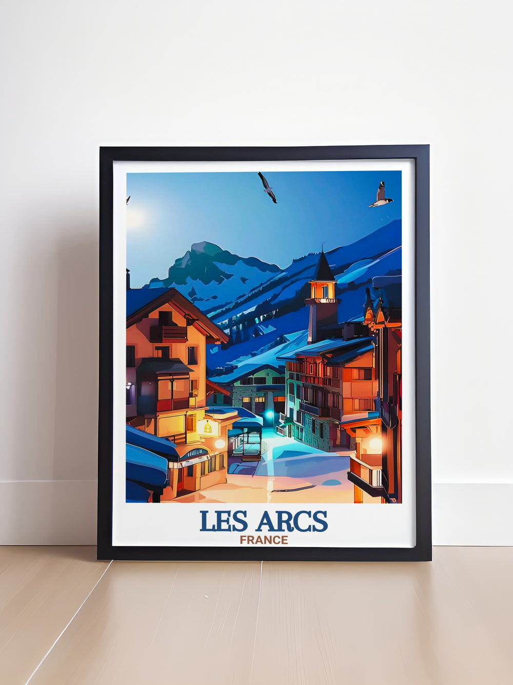 Celebrate the beauty of the French Alps with the "Les Arcs Canvas Art," showcasing the dramatic scenery of Les Arcs 1950 Village and the surrounding snow covered mountains. This travel poster is a must have for any snow sports enthusiast or alpine lover.