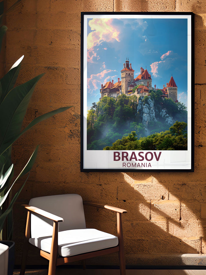 Modern and vibrant Brasov Poster depicting the historic sites of Brasov Romania including the legendary Bran Castle. Adds a touch of sophistication to your living space.