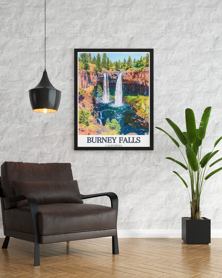 Stunning Burney Falls Print featuring Pacific Crest Trail in California brings vibrant colors and natural beauty into your home decor capturing the serenity of the waterfall and making it a perfect choice for nature inspired wall art.