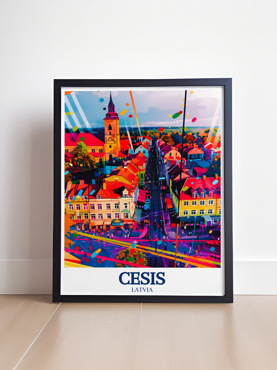 Poster print of Cēsis, Latvia, emphasizing the historical charm of Cēsis Old Town and the grandeur of St. Johns Church. This artwork serves as a visual celebration of Latvias cultural landmarks, perfect for any art enthusiast.