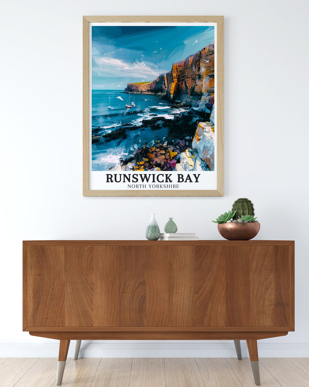 Runswick Bay print along the Cleveland Way Staithes Walk showcasing the charm of North Yorkshire a stunning piece of modern art perfect for home decor capturing the beauty of the Cleveland Way hike with vibrant colors and intricate details in a vintage travel print style