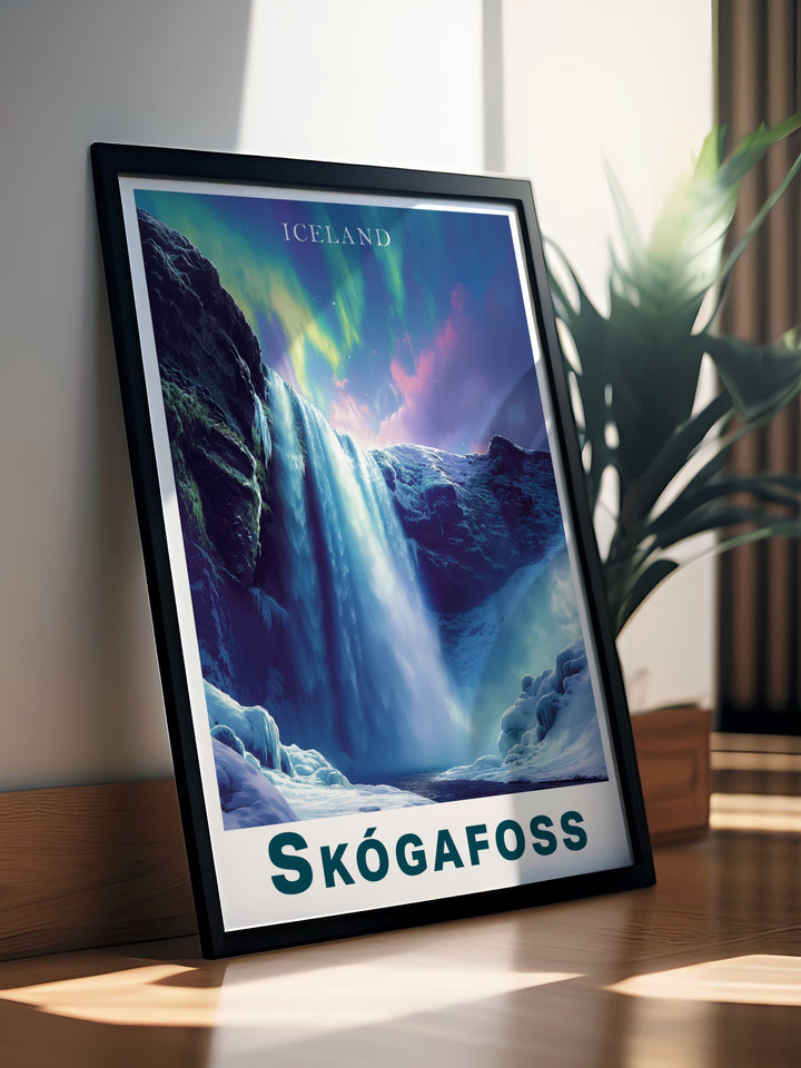 Skogafoss waterfall northern lights framed print showcasing the vibrant colors and dynamic movement of the aurora borealis over the majestic waterfall a perfect gift for any occasion