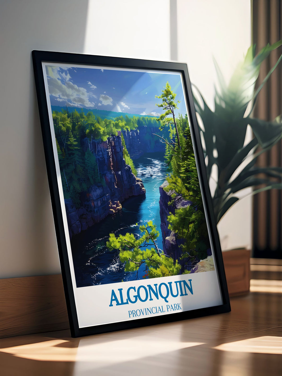 Detailed art print of Barron Canyon, illustrating the lush landscapes and tranquil waterways that make Algonquin a beloved Canadian destination.
