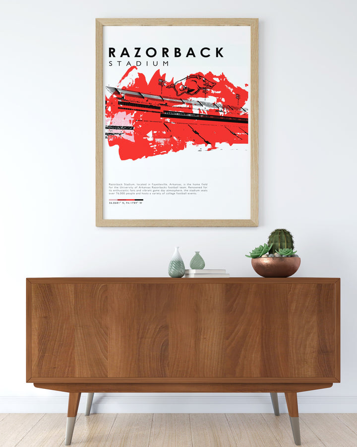 Razorbacks travel poster showcasing the dynamic spirit of game day at Razorback Stadium a must have for college football enthusiasts ideal for decorating dorm rooms or gifting to Razorbacks supporters