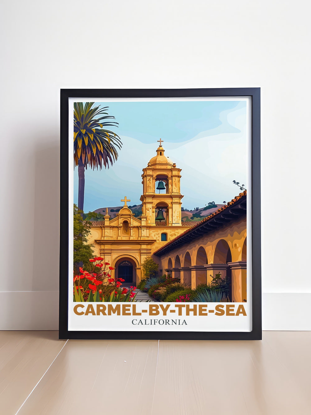 Stunning California poster featuring Carmel Mission Basilica ideal for creating a captivating focal point in your living room with modern prints that bring the tranquility and beauty of Carmel by the Sea into your home