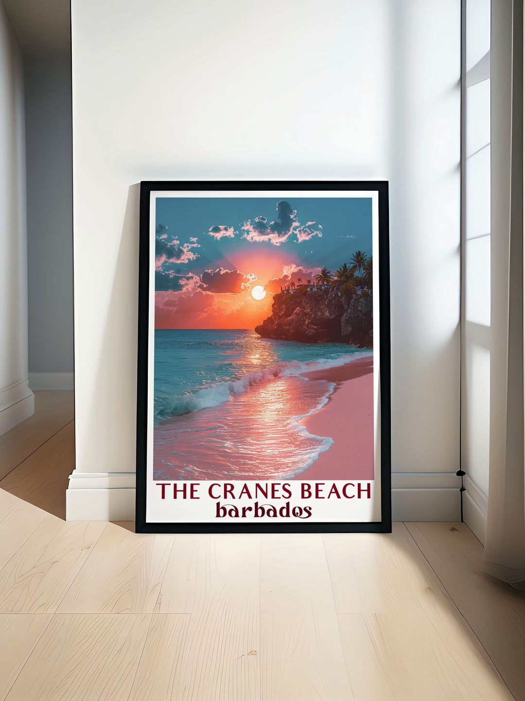 The Crane Beach art print capturing the serene beauty of Barbados iconic beach, with its pristine sands and turquoise waters, perfect for adding a touch of tropical elegance to your home decor.