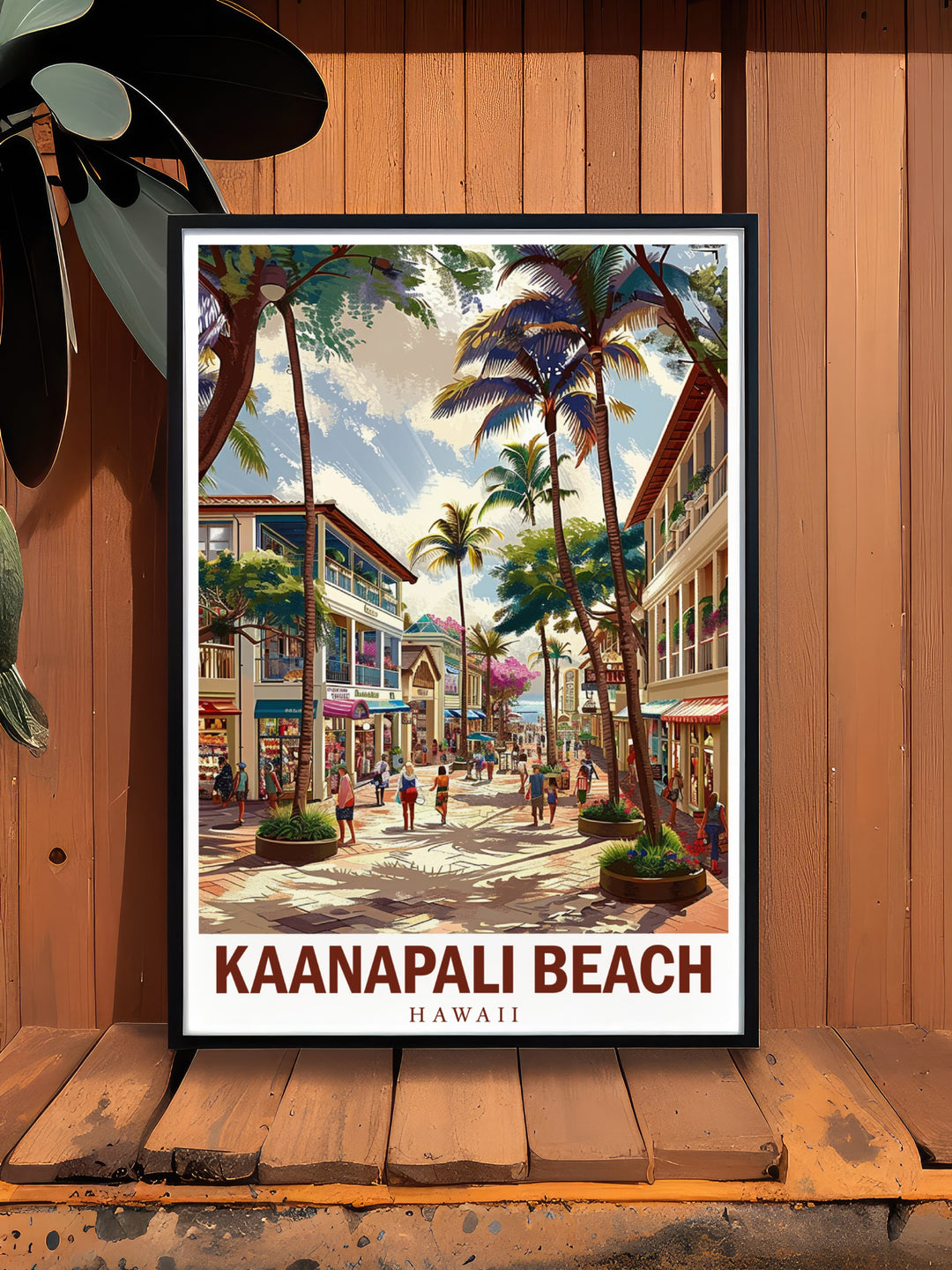 Kaanapali Beach framed art capturing the elegance of Hawaiis coast, with Whalers Village adding a lively touch to this serene landscape. Perfect for beach lovers, this travel print brings a piece of paradise into your home, whether as wall art or as a thoughtful gift.