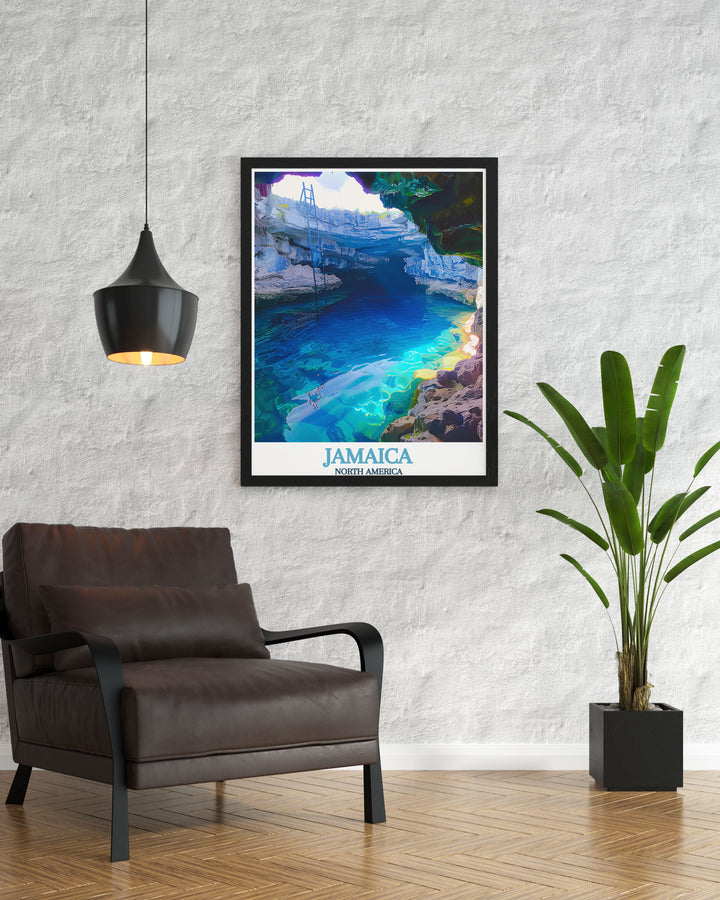 This travel poster vividly captures the Blue Hole Mineral Spring in Jamaica, showcasing the crystal clear waters and lush surroundings of this natural wonder.