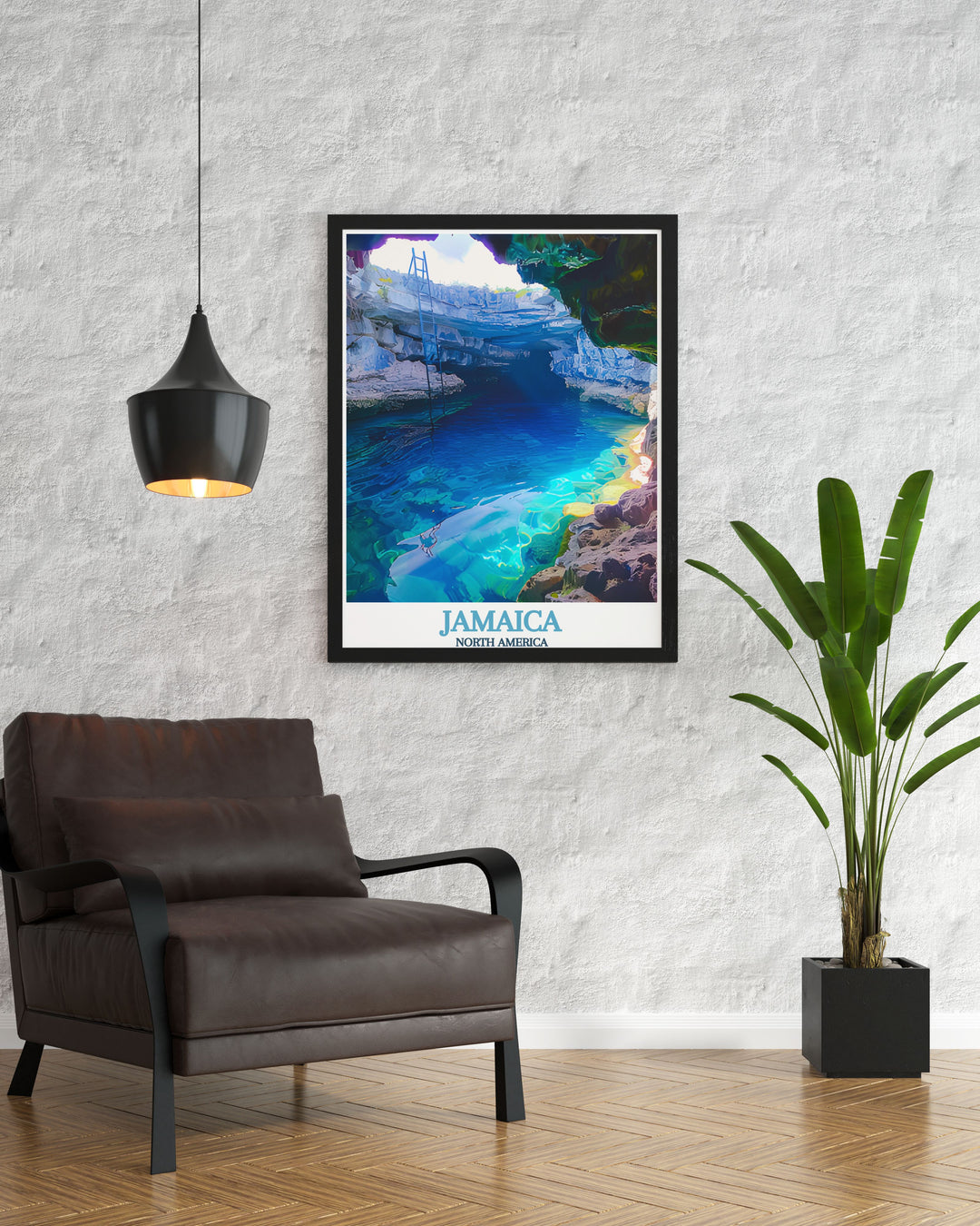 This Jamaica poster print beautifully captures the serene beauty of the Blue Hole Mineral Spring and the vibrant landscapes of Jamaica. Perfect for nature lovers and travelers, this travel print brings the stunning scenery of Jamaica into your home décor, ideal for adding a touch of island paradise to any room.