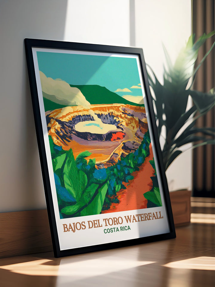 This Costa Rica travel poster features the stunning Poás Volcano with its impressive crater and surrounding cloud forest. The vibrant colors and fine details make it a standout piece for anyone looking to bring the beauty of Costa Rica into their home.