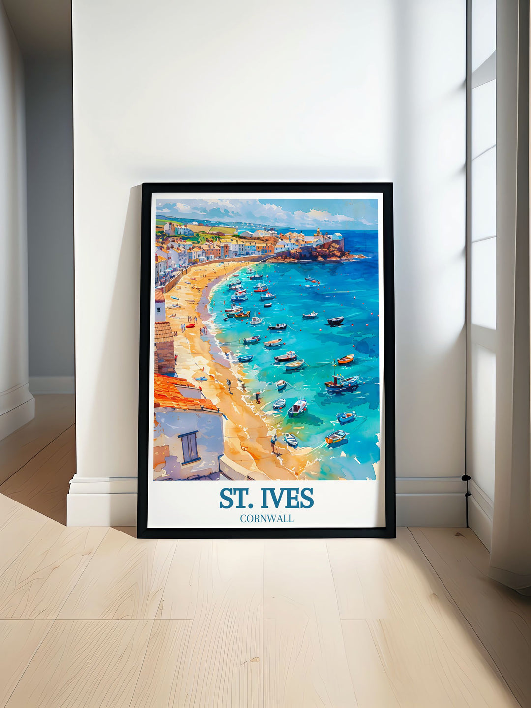 This Porthmeor Beach travel print brings the charm of St. Ives and the Atlantic Ocean to life. Ideal for seaside décor, the vibrant colors and serene landscape make this a perfect wall poster for anyone looking to bring a touch of the Cornish coast into their home.