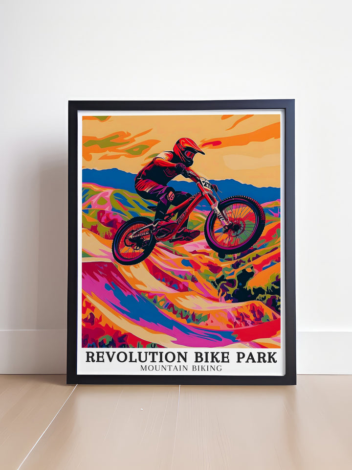 The Phoenix Trail in Wales Revolution Bike Park. A stunning piece of mountain biking art that captures the excitement and beauty of the trail. Ideal for anyone who loves cycling and the outdoors.