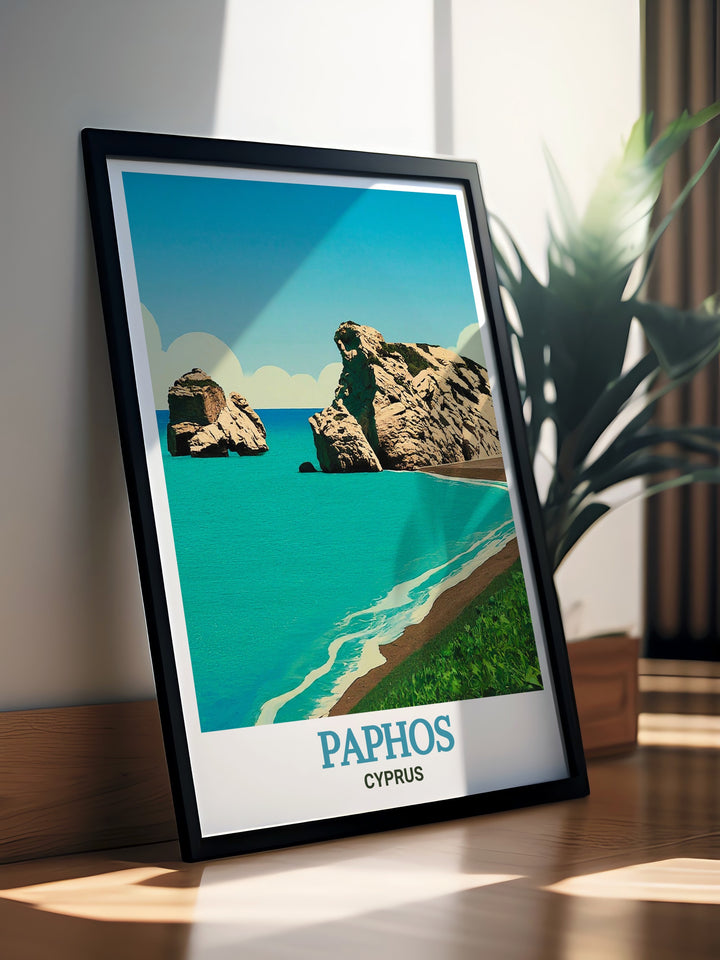 Experience the serenity of Cyprus with this elegant art print of Aphrodites Rock, highlighting the peaceful waters and historic significance of the site. The detailed artistry and soothing color palette create a tranquil ambiance, perfect for any nature lovers home.