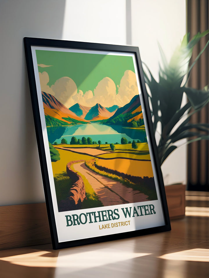 The Lake District wall print showcases Brothers Water in all its beauty, with its reflective waters and surrounding hills offering a calming presence in your home.