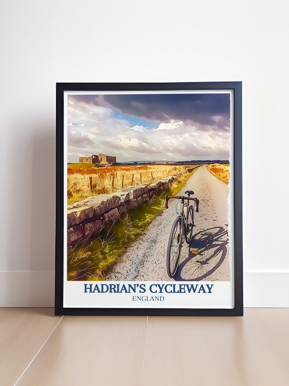 This detailed illustration captures the majestic Hadrians Wall, showcasing its ancient Roman architecture and historical significance, ideal for adding a touch of history to your home decor.