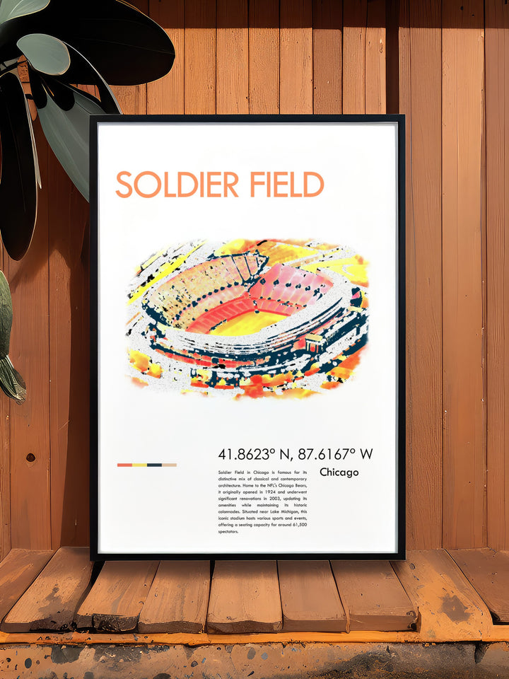 Classic Soldier Field poster print perfect for Chicago Bears fans. A vintage NFL print that brings the excitement of football into your home. Ideal for man caves, sports bars, or as a thoughtful gift for dads and football enthusiasts