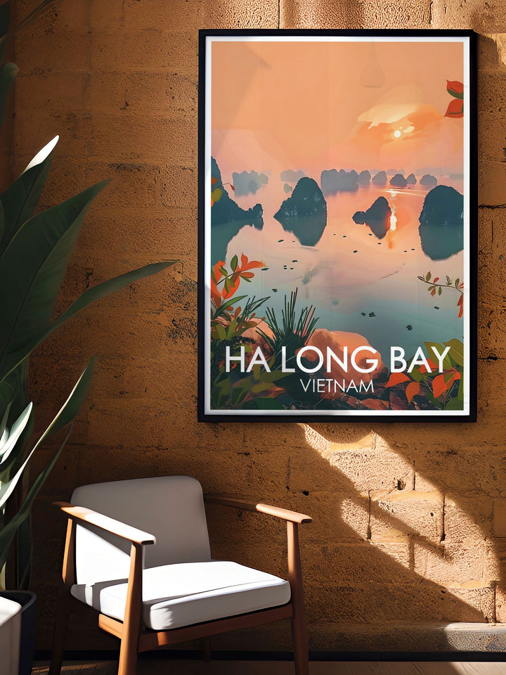 Dragon Tails Island Wall Art brings the splendor of Ha Long Bay into your home. This detailed print captures the natural beauty and tranquility of Vietnams famous bay, making it a unique addition to any decor and a wonderful gift for travelers.