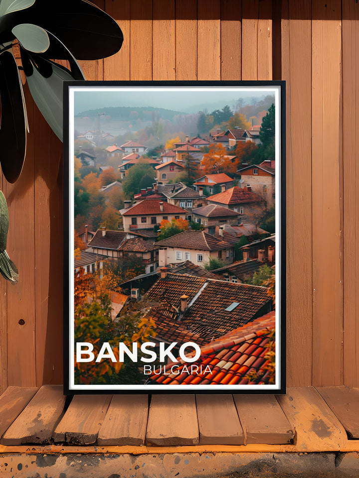 Banskos vibrant ski slopes and the majestic peaks of the Pirin Mountains are illustrated in this travel poster, offering a perfect blend of modern winter sports and natural beauty.