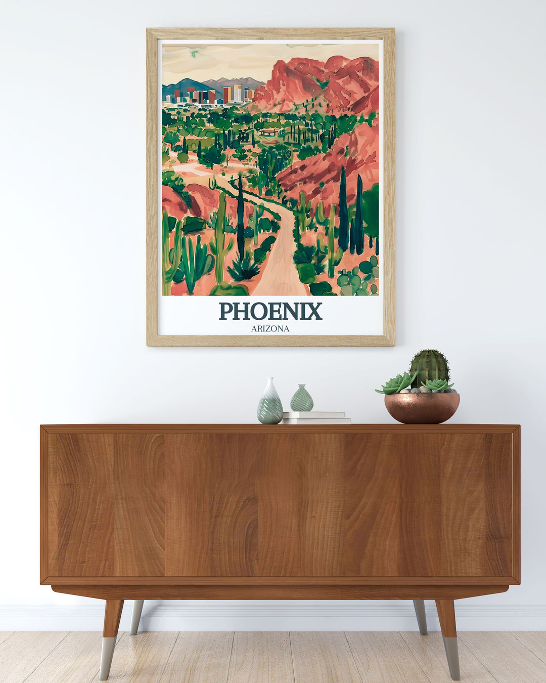 Phoenix Wall Poster featuring the striking view of Camelback Mountain and the tranquil Desert Botanical Garden. This travel poster celebrates Arizonas unique natural landmarks, perfect for any adventurers wall decor.