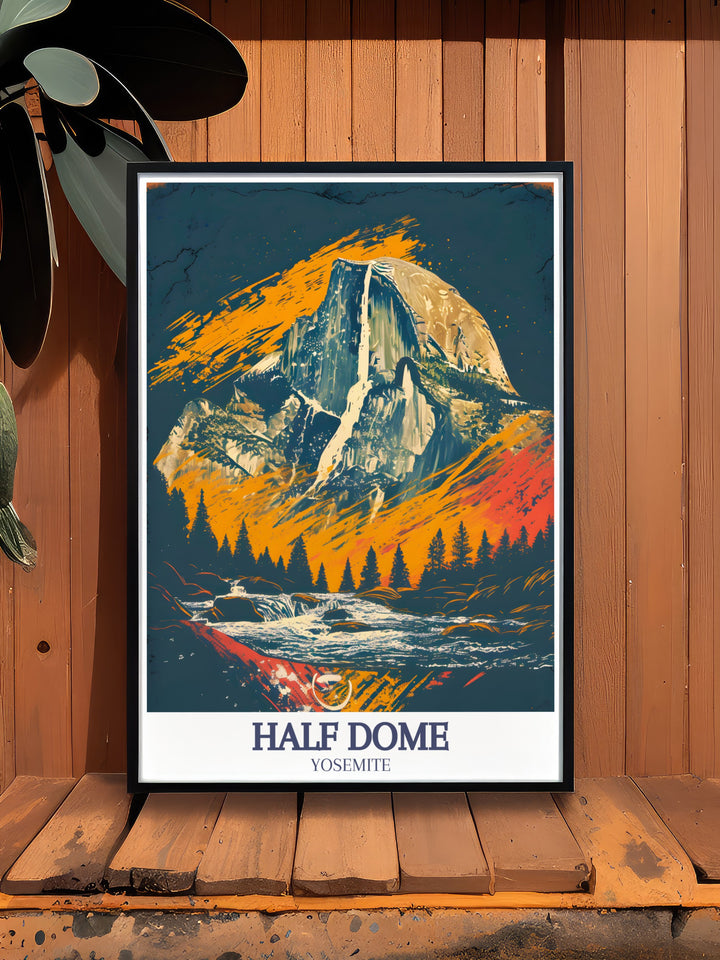 Celebrate the beauty of Americas national parks with this Half Dome art print, featuring the dramatic cliffs and waterfalls of Yosemite. Ideal for anyone with a passion for hiking, nature, or outdoor adventure, this travel poster brings the wild into your home.