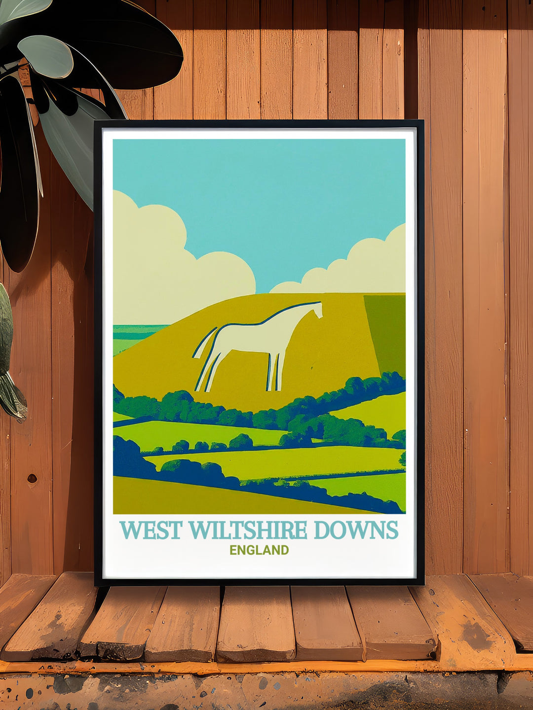 Westbury White Horse art print capturing the iconic figure carved into the chalk hills, surrounded by the breathtaking scenery of the Wiltshire Downs. This travel poster is a perfect addition to any home.