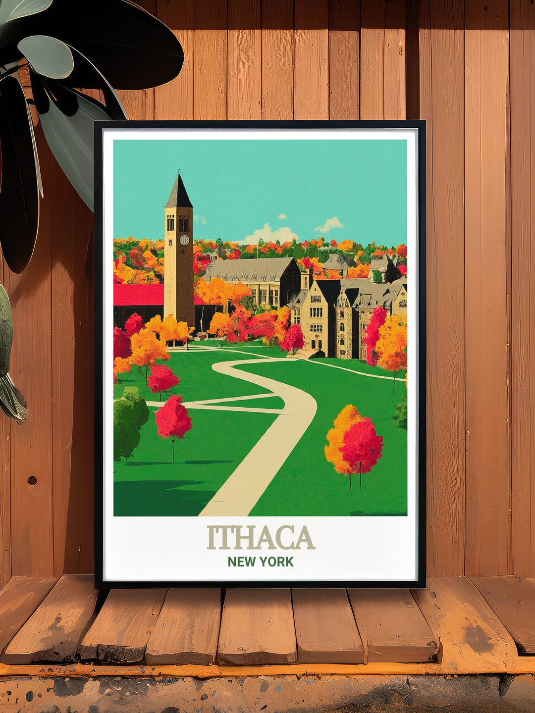 a framed poster of a scenic view of a town