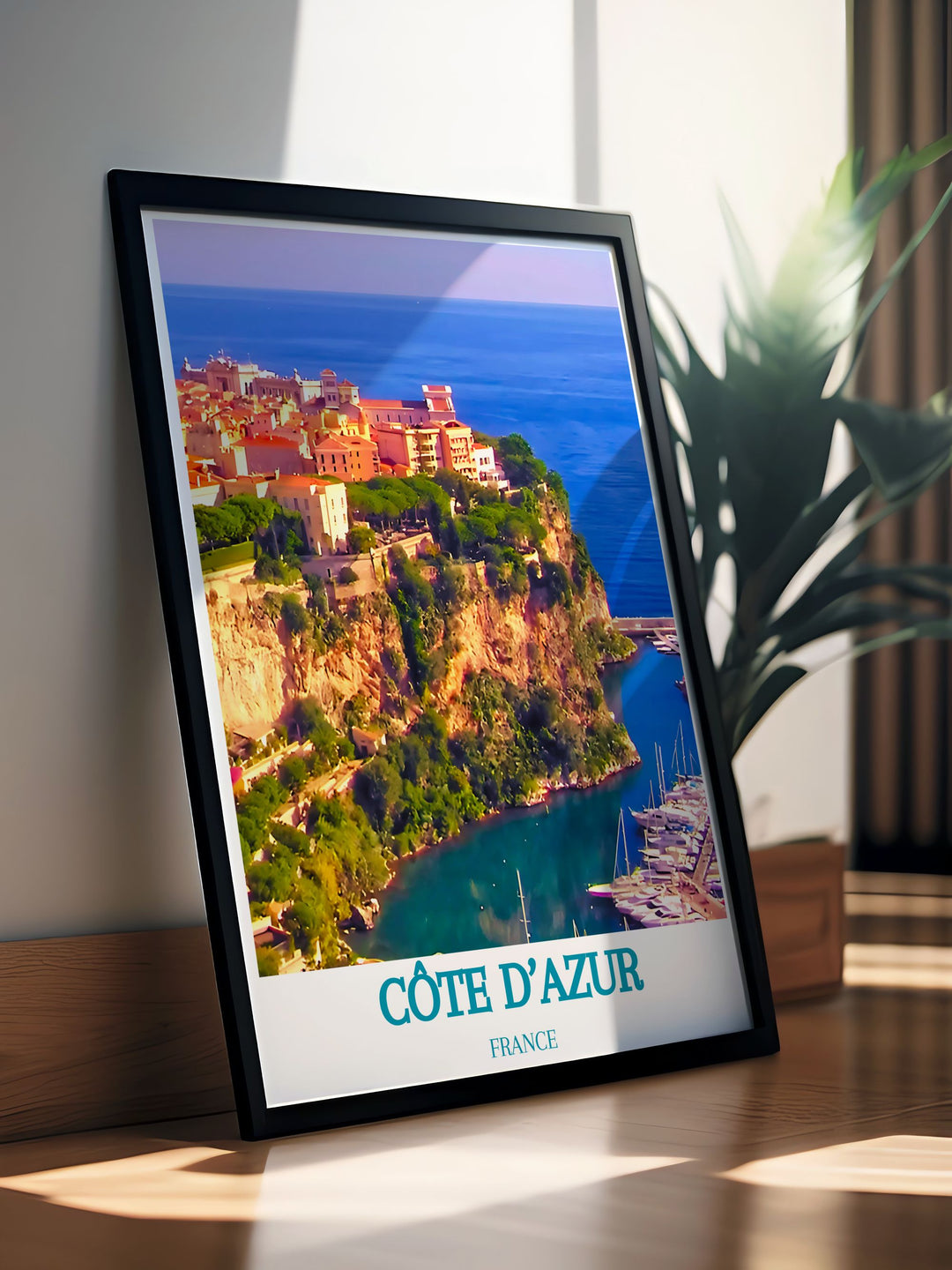 Canvas art depicting the timeless beauty of Le Rocher in the Côte dAzur. This piece showcases the majestic promontory with the Princes Palace and lush gardens, offering a stunning view of Monaco and the Mediterranean, ideal for enhancing your living space.