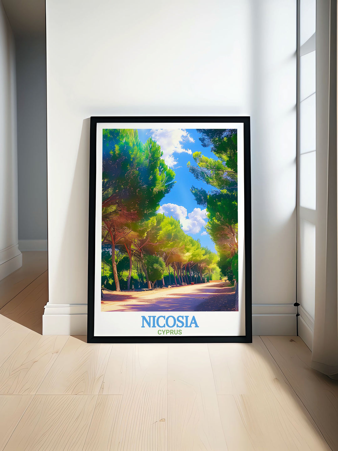 A beautifully crafted Nicosia poster print that captures the citys charm and the tranquility of Athalassa National Forest Park. This travel print is ideal for adding a touch of Cyprus to your home, offering a thoughtful and meaningful art piece that celebrates both history and nature.