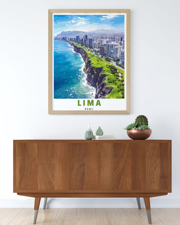 A vibrant Lima travel print featuring the breathtaking Miraflores Cliffs overlooking the Pacific Ocean. This art print beautifully captures the essence of Limas coastal landscape, making it a perfect addition to home décor for art lovers or a unique gift for travelers.