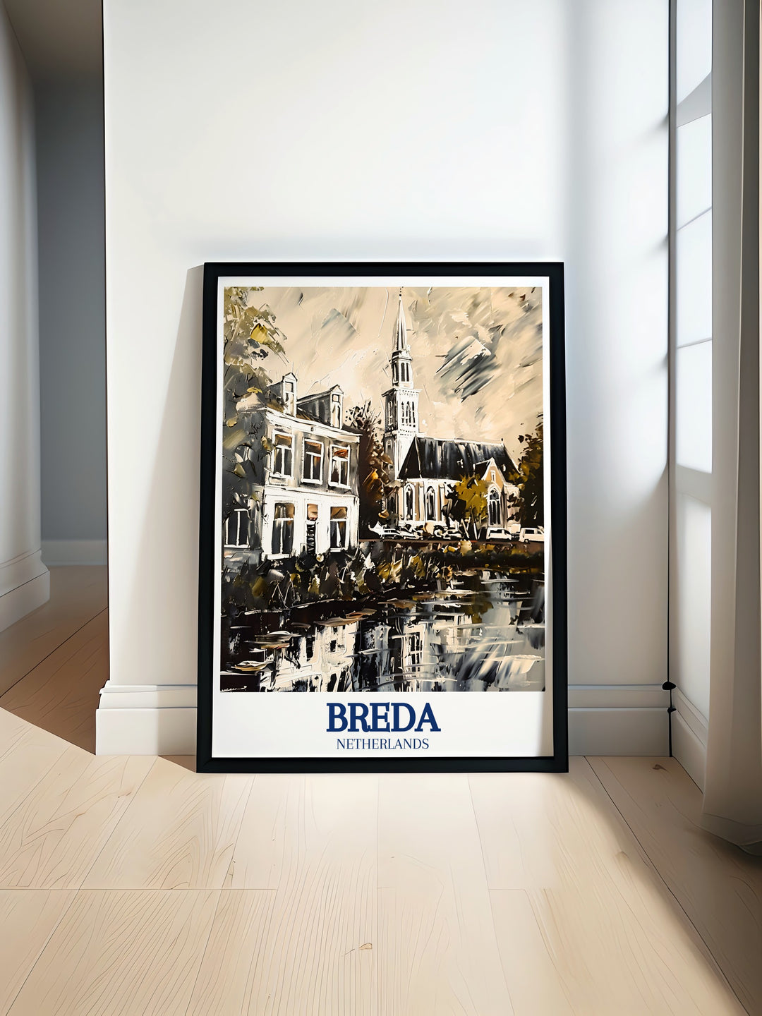 Breda Kerkplein and Great Church are beautifully depicted in this Netherlands artwork. Perfect for enhancing any living space the print showcases detailed Dutch architecture creating an elegant and culturally rich addition to your home or office decor.