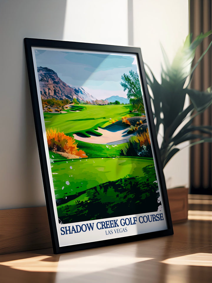 Bring the beauty of the outdoors into your space with this travel poster of Shadow Creek Golf Course, Nevada desert, and Black Mountain. The art print perfectly captures the peaceful elegance of this famous golf course, making it a must-have for any golf lover’s decor collection.