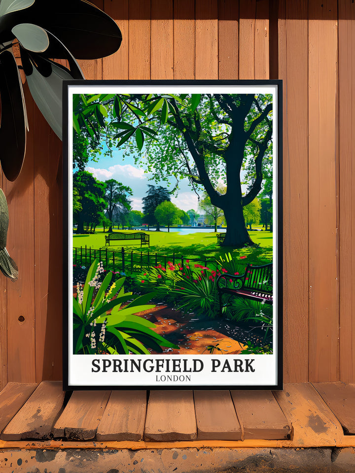 London Travel Print of Springfield Park with The White Lodge The Pond and the Regents Canal a perfect wall print for those who love East Londons parks this print adds an artistic touch to any modern living room or bedroom decor.