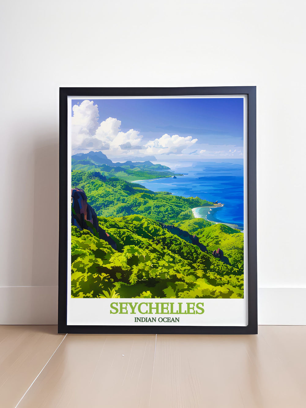 Vallée de Mai and the stunning Indian Ocean are beautifully depicted in this poster, celebrating the iconic forest and vibrant marine life of Seychelles, perfect for travel enthusiasts.