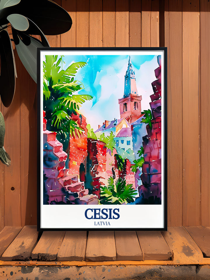 Elegant wall art featuring the historic town of Cēsis, Latvia, with a focus on the iconic ruins of Cēsis Castle and the serene St. Johns Church. This print beautifully captures the essence of Latvian history and is perfect for enhancing any living space.