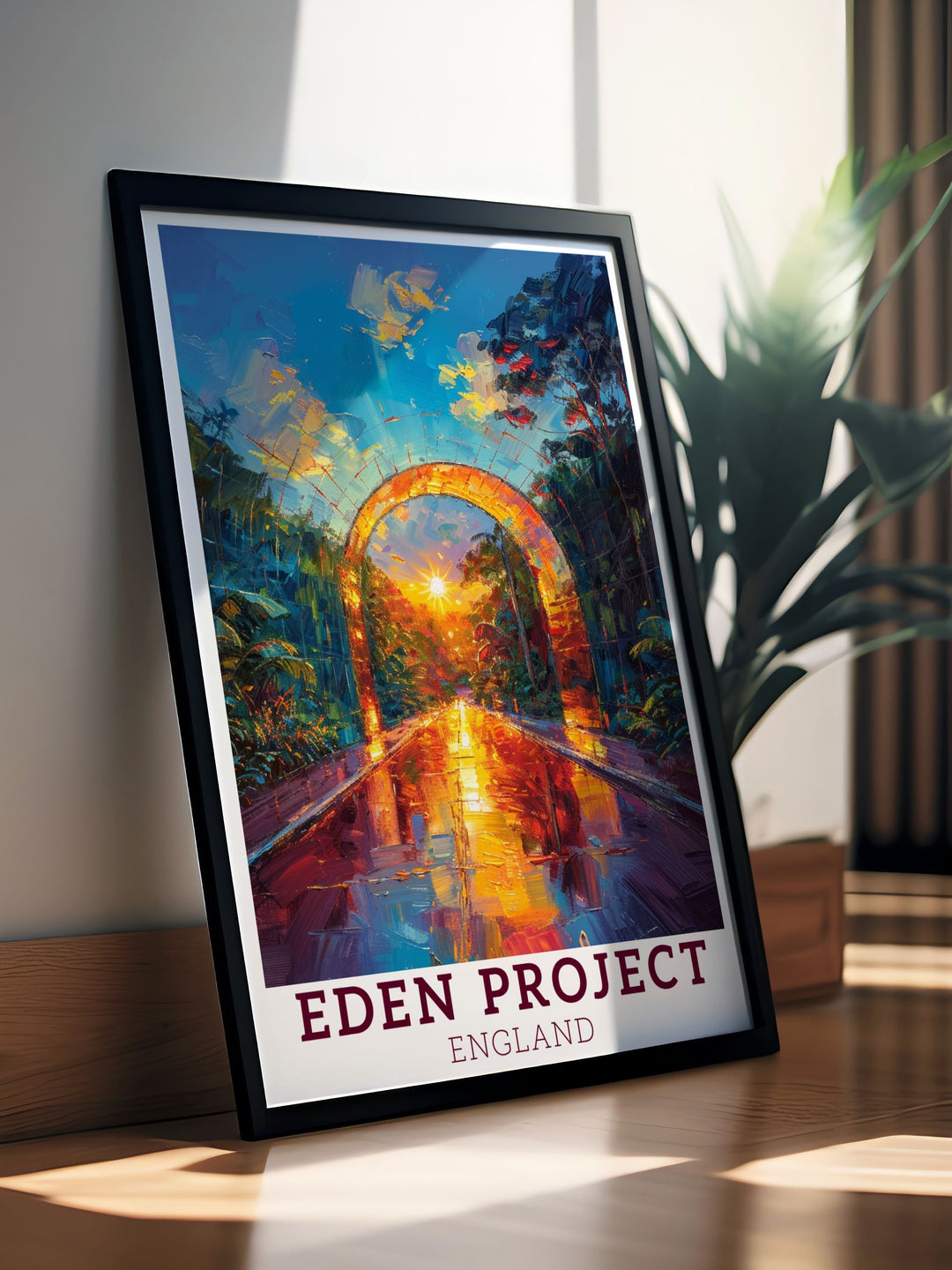 Eden Project wall art print displaying the unique design and vibrant ecosystems found within the famous Cornwall attraction ideal for adding a touch of nature and innovation to your decor this piece is a must have for any art collection.