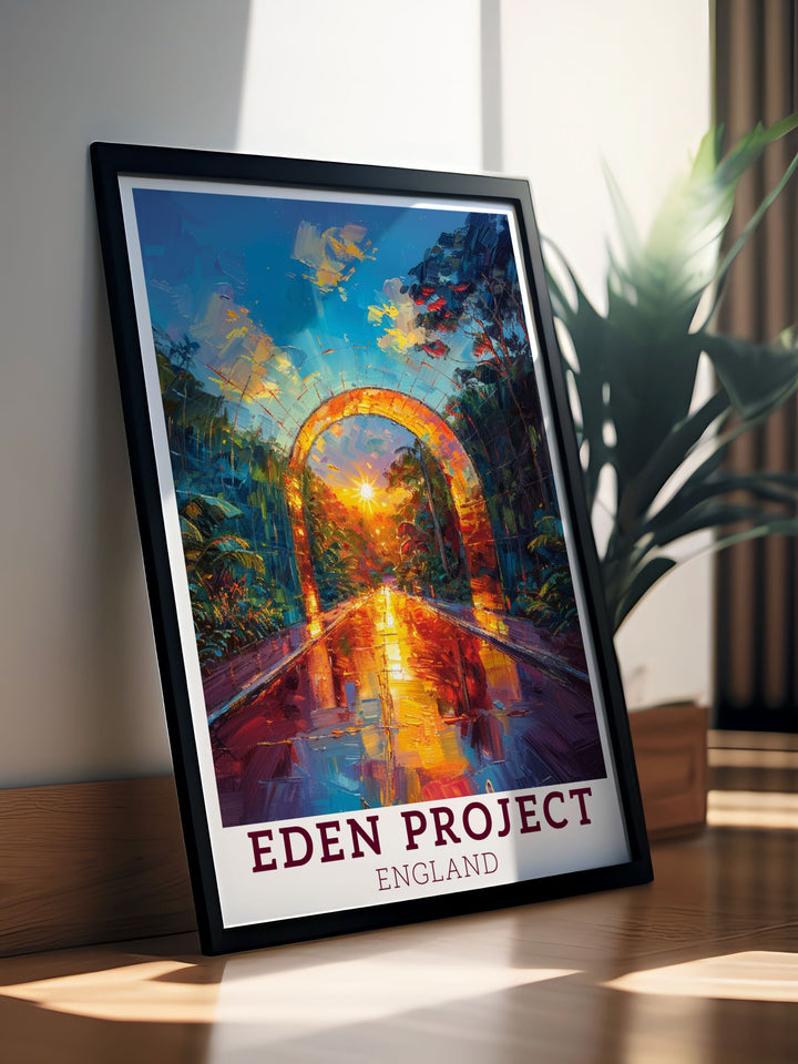 Eden Project wall art print displaying the unique design and vibrant ecosystems found within the famous Cornwall attraction ideal for adding a touch of nature and innovation to your decor this piece is a must have for any art collection.