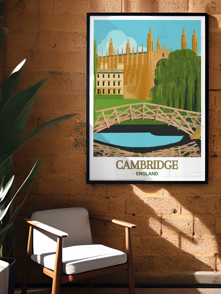 Vintage travel print of Cambridge Uni including the Mathematical Bridge and Bridge of Sighs perfect for adding a classic charm to any space and celebrating university history