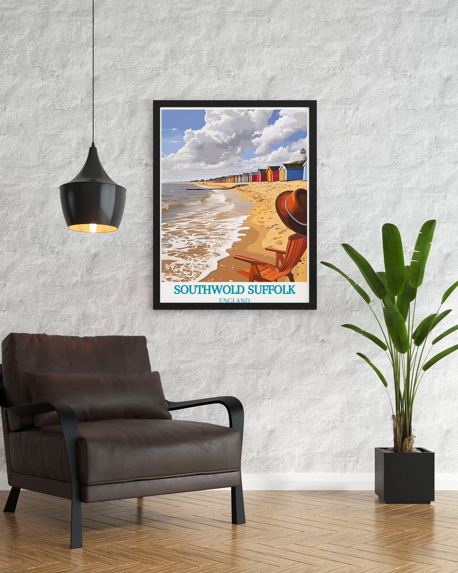 Explore the historical charm of Southwold with this detailed art print, showcasing landmarks like the Southwold Lighthouse and the beautifully restored pier.